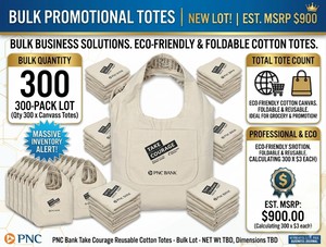 MSRP $900 LOT OF 300 NEW PNC BANK TAKE COURAGE REUSABLE COTTON TOTE BAGS, FOLDABLE ECO-FRIENDLY SHOPPING & GROCERY CARRY BAGS, PROMOTIONAL CANVAS TOTES, BULK LOT