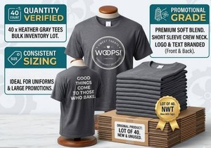 LOT OF 40 NEW WOOPS MIXED SIZE HEATHER GRAY T-SHIRTS, LOGO PROMOTIONAL APPAREL, SHORT SLEEVE CREW NECK TEES, BULK INVENTORY LOT