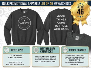 LOT OF 46 NEW WOOPS MIXED SIZE CREWNECK SWEATSHIRTS, HEATHER GRAY PROMOTIONAL APPAREL, SWEET TREATS LOGO PULLOVER SWEATERS, BULK LOT
