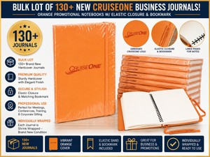 BULK LOT OF 130 NEW CRUISEONE HARDCOVER BUSINESS JOURNALS, ORANGE PROMOTIONAL NOTEBOOKS W ELASTIC CLOSURE & BOOKMARK, INDIVIDUALLY WRAPPED
