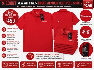 MSRP $450 9-CT NEW WITH TAGS UNDER ARMOUR TECH POLO SHIRTS, NWT, RED PERFORMANCE CORPORATE APPAREL W WESTWOOD LOGO, SIZES S-2XL