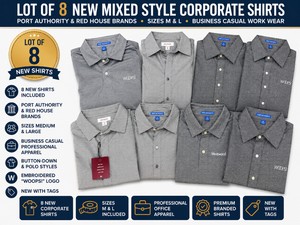 LOT OF 13 NEW MIXED STYLE CORPORATE SHIRTS, PORT AUTHORITY & RED HOUSE BRANDS, SIZES M & L, BUSINESS CASUAL WORK WEAR, PROFESSIONAL STYLE