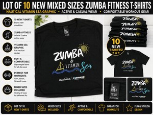 LOT 10 NEW MIXED SIZES ZUMBA FITNESS T-SHIRTS, NAUTICAL VITAMIN SEA GRAPHIC, ACTIVE &amp CASUAL WEAR, COMFORTABLE WORKOUT GEAR