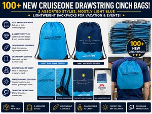 100 NEW CRUISEONE DRAWSTRING CINCH BAGS,2  ASSORTED STYLES BUT MOSTLY LIGHT BLUE, LIGHTWEIGHT BACKPACKS FOR VACATION & EVENTS