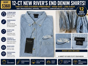 MSRP $360 12-CT NEW MIXED SIZES RIVERS END LONG SLEEVE DENIM SHIRTS, TWIN CITY FANS &amp BLOWERS EMBROIDERED, NWT PROFESSIONAL APPAREL