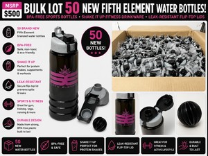 MSRP $500 BULK LOT 50 NEW FIFTH ELEMENT BRANDED WATER BOTTLES, BPA-FREE SPORTS SHAKE IT UP FITNESS DRINKWARE, LEAK-RESISTANT FLIP-TOP PROTIEN SHAKER BOTTLES