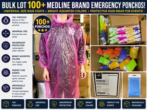 BULK LOT 100 MEDLINE BRAND EMERGENCY PONCHOS, UNIVERSAL SIZE RAIN COATS, BRIGHT ASSORTED COLORS, PROTECTIVE RAIN WEAR FOR EVENTS