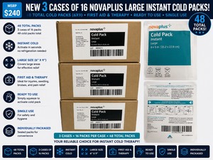MSRP $216 3 NEW CASES OF 16 NOVAPLUS LARGE INSTANT COLD PACKS (6X9) 48 TOTAL COLD PACKS FOR FIRST AID AND THERAPY