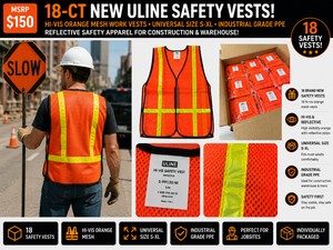 MSRP $150 18-CT NEW ULINE SAFETY VESTS, HI-VIS ORANGE MESH WORK VESTS, UNIVERSAL SIZE S-XL, INDUSTRIAL GRADE PPE, REFLECTIVE SAFETY APPAREL FOR CONSTRUCTION & WAREHOUSE