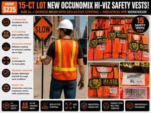 MSRP $225 15-CT LOT NEW OCCUNOMIX HI-VIZ SAFETY VESTS, SIZE XL, ORANGE MESH W REFLECTIVE STRIPING, INDUSTRIAL PPE WORKWEAR