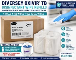 MSRP $180 NEW DIVERSEY OXIVIR TB DISINFECTANT WIPE REFILLS, 4 X 160 WIPE ROLLS (640 TOTAL), HOSPITAL-GRADE AHP CLEANER, FITS GALLON WIPE BUCKETS &amp DISPENSERS, MEDICAL, DENTAL, CLINIC &amp JANITORIAL USE, EXP 052027&nbspThese are REFILL ROLLS ONLY