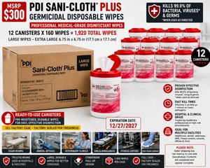 MSRP $300 NEW CASE PDI SANI-CLOTH PLUS GERMICIDAL WIPES, 12 CANISTERS (160 LG WIPESCAN), MEDICAL-GRADE DISINFECTANT, FAST-KILL QUAT FORMULA FOR CLINICS, DENTAL, VET, EMS &amp HEALTHCARE FACILITIES, EXP 1227 BOX IS FULL BUT SIDE IS TORN