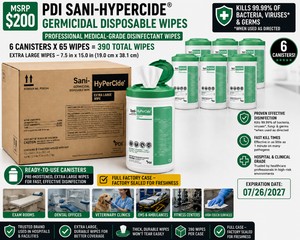 MSRP $200 PDI SANI-HYPERCIDE GERMICIDAL DISPOSABLE WIPES, 6 CANISTERS X 65 WIPES (390 TOTAL), EXTRA LARGE 7.5 X 15 PROFESSIONAL MEDICAL-GRADE DISINFECTANT, FAST 1-MINUTE KILL TIME, HOSPITAL DENTAL EMS VETERINARY USE, EXP 726