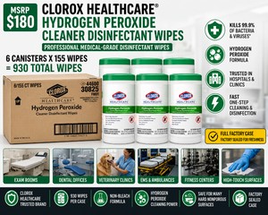 MSRP $180 1 CASE CLOROX HEALTHCARE HYDROGEN PEROXIDE DISINFECTANT WIPES, 6 CANISTERS OF 155 WIPES EACH, EPA-REGISTERED HOSPITAL GRADE CLEANER, FAST-KILL BROAD-SPECTRUM DISINFECTION KILLS 40 MICROORGANISMS