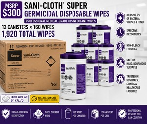 MSRP $300 PDI SANI-CLOTH SUPER GERMICIDAL DISPOSABLE WIPES CASE, 12 CANISTERS X 160 WIPES (1,920 TOTAL), LARGE WIPES, HOSPITAL-GRADE DISINFECTANT, FAST 2-MINUTE BACTERICIDAL VIRUCIDAL CLEANING, MEDICAL DENTAL EMS VETERINARY USE, EXP 128
