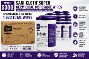 MSRP $300 PDI SANI-CLOTH SUPER GERMICIDAL DISPOSABLE WIPES CASE, 12 CANISTERS X 160 WIPES (1,920 TOTAL), LARGE WIPES, HOSPITAL-GRADE DISINFECTANT, FAST 2-MINUTE BACTERICIDAL VIRUCIDAL CLEANING, MEDICAL DENTAL EMS VETERINARY USE, EXP 128