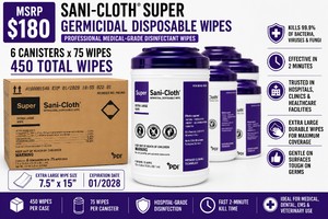 MSRP $180 PDI SANI-CLOTH SUPER XL GERMICIDAL DISPOSABLE WIPES CASE, 6 CANISTERS X 75 WIPES EA, EXTRA LARGE 7.5 X 15 HOSPITAL-GRADE DISINFECTANT WIPES, FAST 2-MINUTE KILL TIME, MEDICAL DENTAL EMS VETERINARY USE, EXP 128 BOX DAMAGED