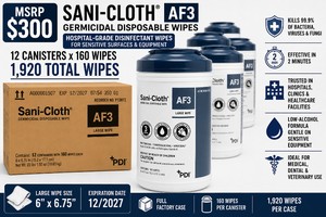 MSRP $300 PDI SANI-CLOTH AF3 GERMICIDAL WIPES CASE, 12 CANS X 160 WIPES EA, LARGE 6 X 6.75 LOW-ALCOHOL DISINFECTANT WIPES, HOSPITAL-GRADE CLEANER FOR SENSITIVE EQUIPMENT &amp SURFACES, MEDICAL DENTAL VETERINARY USE, EXP 1227 1 DENTED CAN