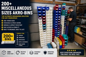 MSRP $500 ASSORTED LOT OF INDUSTRIAL STORAGE BINS, 200 STACKABLE &amp HANGING MODULAR AKRO-BINS, ASSORTED SIZES &amp COLORS, PROFESSIONAL WAREHOUSEFACILITY STORAGE EXCELLENT CLEAN CONDITION
