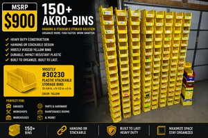MSRP $900 150 AKRO-BINS HANGING STACKABLE MOSTLY #30230 BINS, 10-78 in. x 5-12 in. x 5 in. YELLOW FOR PROFESSIONAL FACILITY &amp WAREHOUSE ORGANIZATION EXCELLENT CLEAN CONDITION