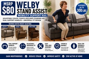 MSRP $80 WELBY STAND ASSIST MOBILITY SUPPORT RAIL, ADJUSTABLE COUCH CHAIR &amp RECLINER STANDING AID, DUAL SUPPORT HANDLES, UNIVERSAL FIT DESIGN, SUPPORTS UP TO 300 LBS, EASY TOOL-FREE ASSEMBLY