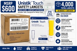 MSRP $600 OWEN MUMFORD UNISTIK TOUCH SAFETY LANCETS CASE, 4,000 TOTAL LANCETS (20 BOXES X 200), REF AT1415, 21G 2.0MM HIGH FLOW CONTACT-ACTIVATED SAFETY LANCETS, SINGLE-USE RETRACTABLE DESIGN, DIABETES &amp CAPILLARY BLOOD TESTING, EXP 032029