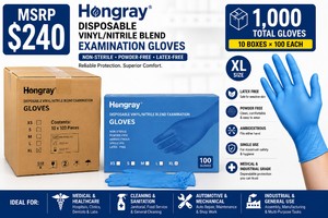 MSRP $240&nbspCASE&nbspHONGRAY DISPOSABLE VINYLNITRILE BLEND EXAMINATION GLOVES, 1,000 TOTAL GLOVES (10 BOXES X 100), XL SIZE, LATEX-FREE, POWDER-FREE, AMBIDEXTROUS, NON-STERILE MEDICAL &amp INDUSTRIAL USE, SINGLE-USE EXAM GLOVES