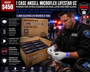 MSRP $450 1 CASE ANSELL MICROFLEX LIFESTAR EC POWDER-FREE NITRILE EXAMINATION&nbspDUAL-LAYER HIGH RISK&nbspGLOVES, SIZE M, NFPA COMPLIANT, TEXTURED FINGERTIPS, EXTENDED CUFF FOR POLICE, EMS &amp FIRST RESPONDERS 1,000 GLOVES (10 BOXES X 100)