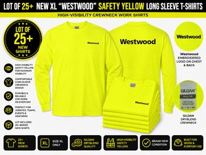 LOT OF 25 NEW MIXED SIZES WESTWOOD SAFETY YELLOW LONG SLEEVE T-SHIRTS, HIGH-VISIBILITY CREWNECK WORK SHIRTS, NEW CONDITION