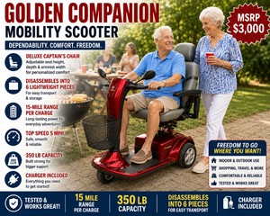 MSRP $3,000 GOLDEN COMPANION POWER MOBILITY 3 WHEEL INDOOROUTDOOR SCOOTER, DELUXE CAPTAINS CHAIR, ADJUSTABLE SEAT &amp ARMS, 15-MILE RANGE, 5 MPH, 350 LB CAPACITY WCHARGER EASY DISASSEMBLY FOR TRAVEL, TESTED &amp WORKS GREAT