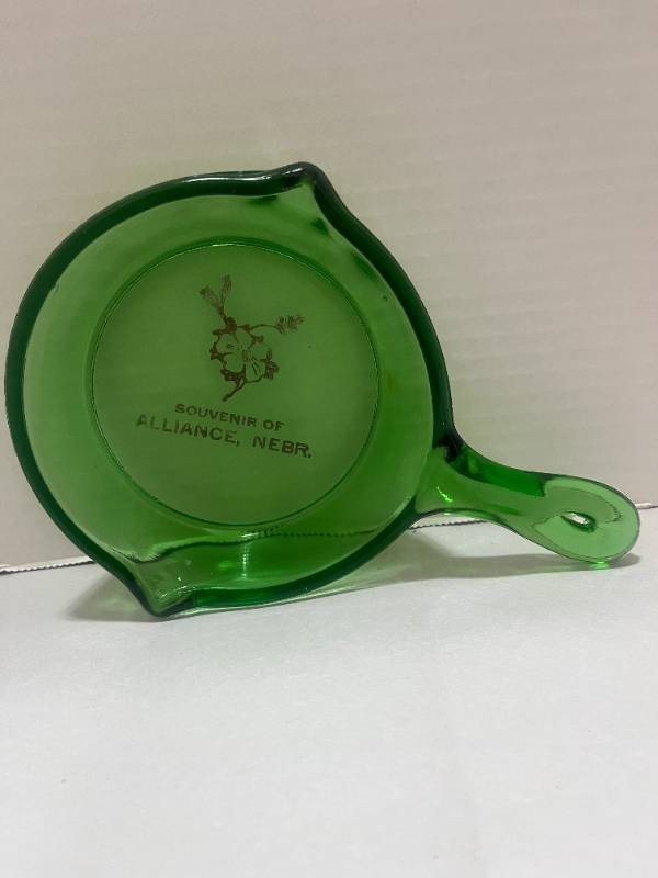 Vintage Green Depression Glass Skillet Souvenir of Alliance Nebraska