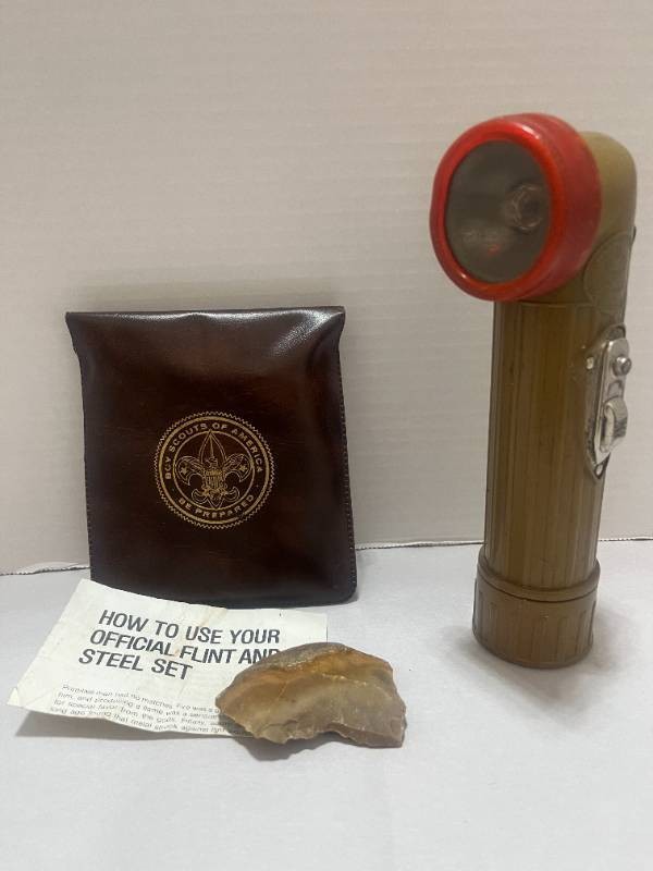 Vintage Boy Scouts Olive Green Angle Flashlight WORKS. And BSA Flint and Steel Set