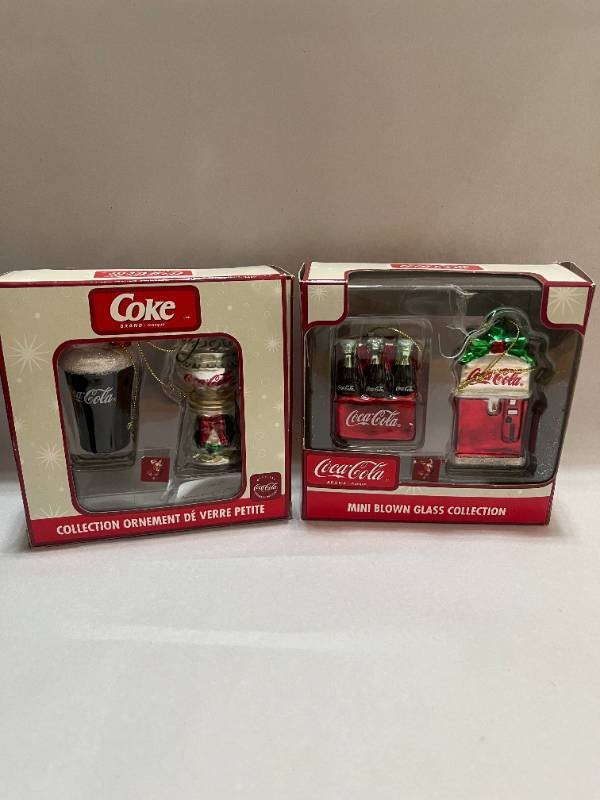 Four Mini Blown Glass Coca Cola Ornaments