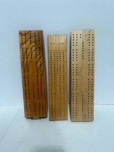 Three Wooden Cribbage Boards with Pegs