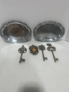 Two Silver Trays and Gold Tone Skeleton Key Dcor