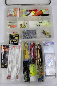 Mixed Fishing Tackle Box With Bobbers, Jigs, Lures & Hooks