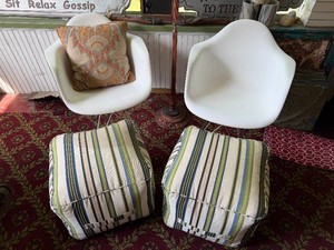 (2) White Mid-Century-Style Chairs With (2) Pouf Ottomans