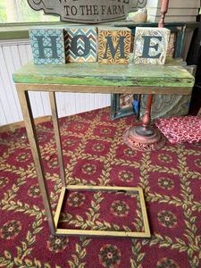 Metal & Wood C-Shaped Side Table with HOME Block Decor