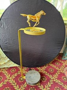 Gold-Toned C-Shaped Side Table with Mirrored Top & Metal Horse Sculpture