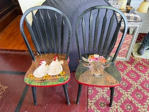 Set of (2) Hand-Painted Wooden Chairs with Chickens and Cow