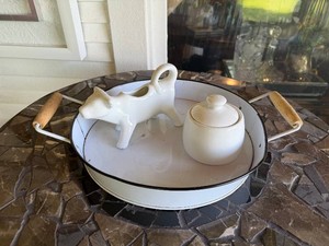 White Metal Tray with Cow Creamer Pitcher and Sugar Bowl