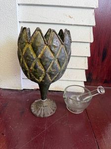 Metal Decor with Glass Mortar & Pestle