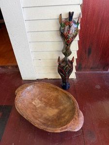 Carved Wooden Bowl & Wooden Giraffe Mask Decor