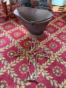 Rustic Metal Cross Decor & Vintage Coal Bucket