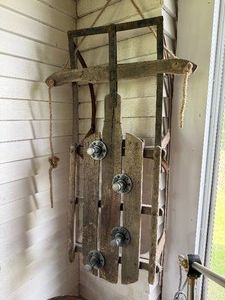 Vintage Wood & Metal Sled with Hooks for Wall Hanging