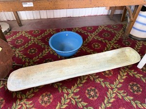 Long Rustic Wooden Tray & Blue Enamel Bowl