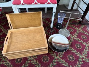 Kitchen Lot - (6) Bamboo Trays, Dishes, and Towel Racks