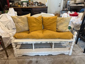 White Wooden Bench with Cushion & Pillows