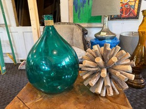 Large Teal Vase & Wooden Decor Piece