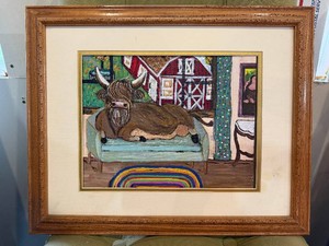 Framed Original Acrylic Painting of Lounging Cow